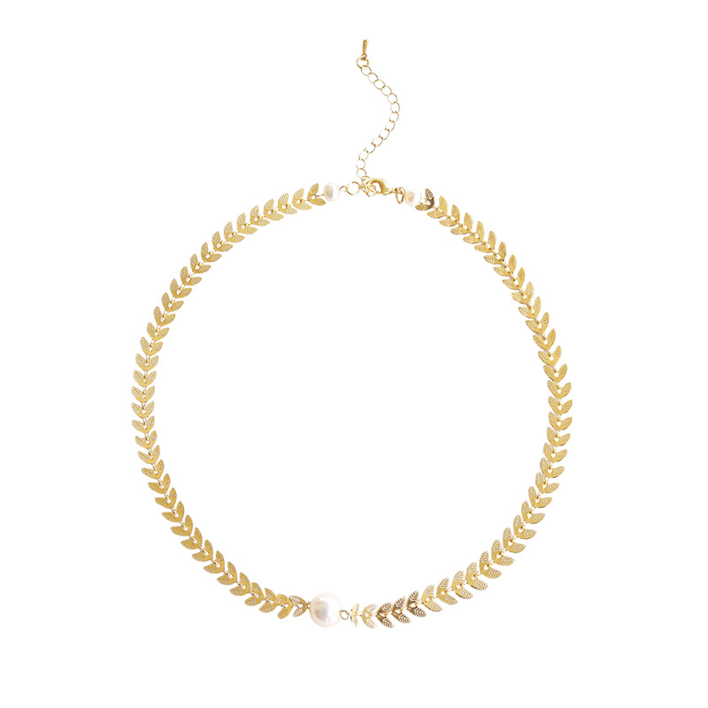 Short Wheat Pearl Necklace Golden Women's