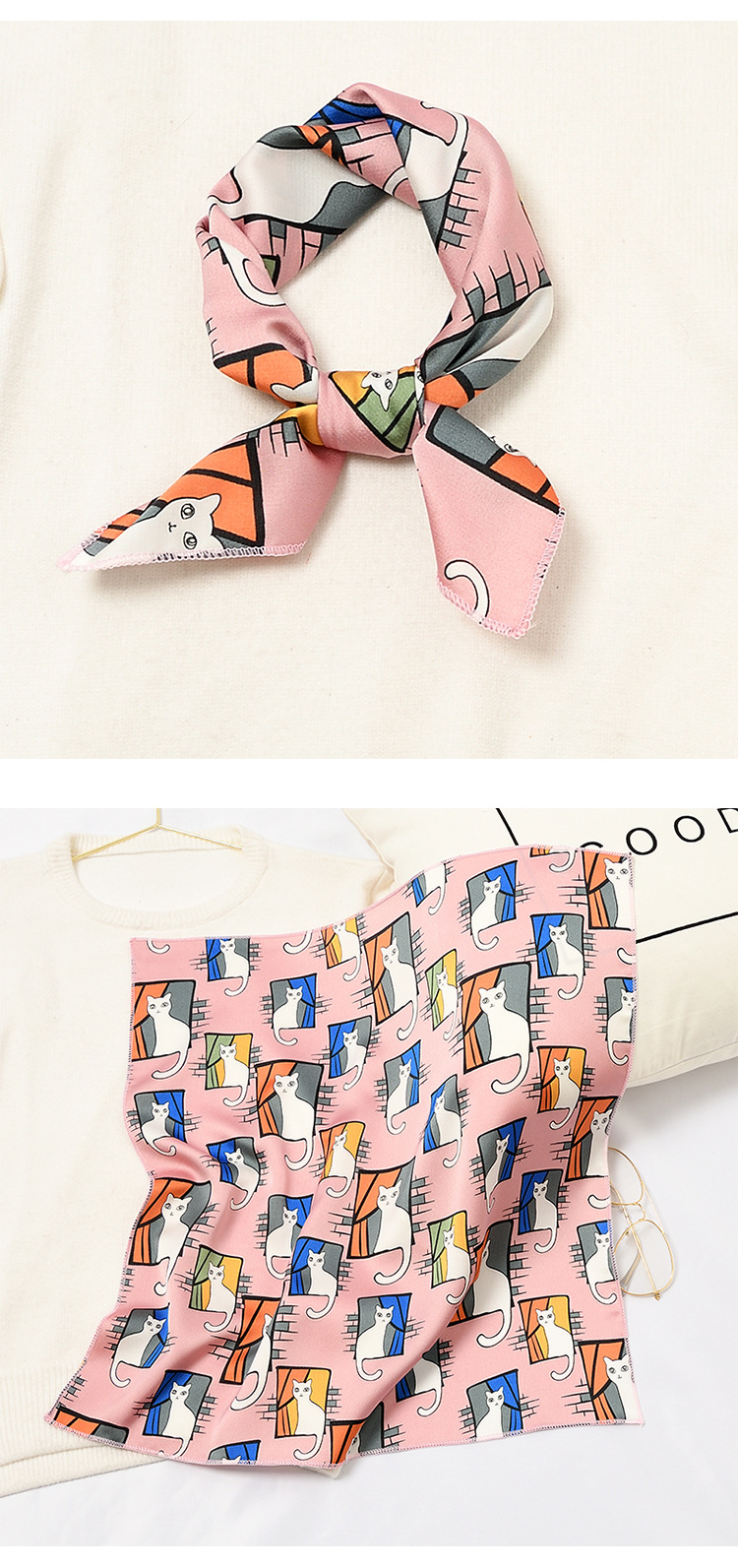 24g Weight Silk Scarf Classification Street Occasion Satin Material Geometric Pattern Spring, Autumn Season Women'S Gender Sweet Style Square Scarf Women's All-match Autumn And Winter Literature And Art Small Silk Scarf Retro Scarf 11