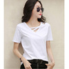 Summer white T-shirt, black brand top for leisure, with short sleeve, 2022 collection, V-neckline, Korean style