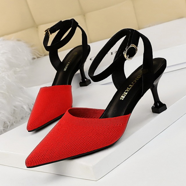 Korean fashion versatile women’s shoes with thin heel high-heeled wool color matching light mouth pointed hea
