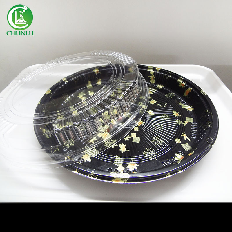 61印花圆形寿司盒一次性外卖打包塑料盒超市食品包装盒多人餐拼盘