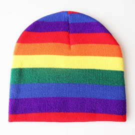 2020秋冬男女儿童小孩七色彩虹提花针织帽超弹力毛线帽保暖套头帽