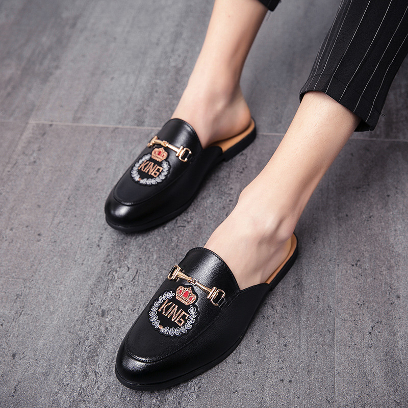 2021 Spring/Summer New Loafers Shiny Leather Half Slippers Trendy Breathable Casual Men's Shoes Fashion Embroidery_vogvips.com