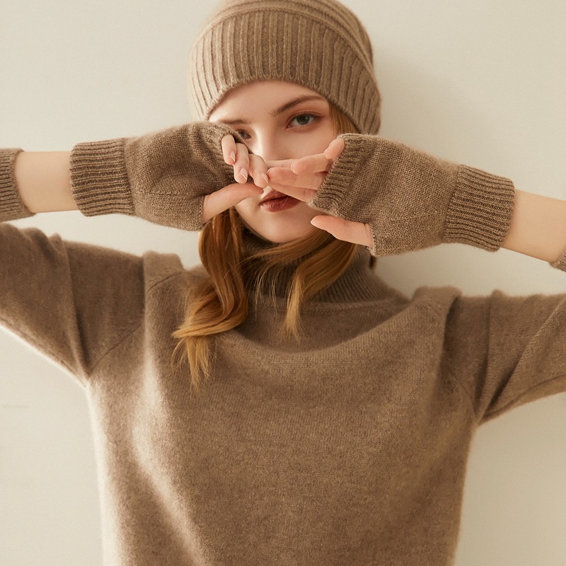 冬季羊绒手套纯色针织半指保暖手套男女通用加厚绞花写字开车手套