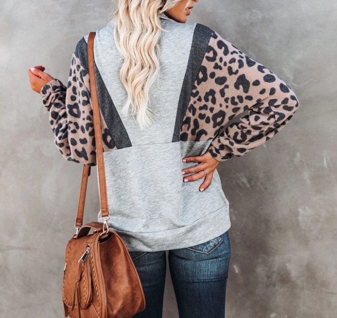 Lapel Leopard Print Sweatshirt NSLZ26670