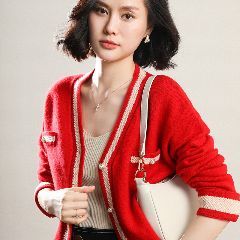 Chanel Style Cashmere Cardigan Women's Autumn And Winter Slim V-neck Knitted Sweater Jacket Korean Version Of Color Matching Wool Cardigan