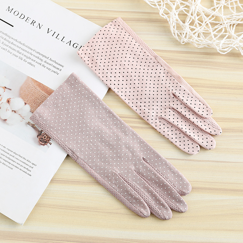 夏季薄防晒手套女点点印花触屏短款分指指套开车骑行防护手套现货