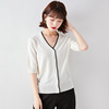 V-neck thin ice silk Pullover new women’s mid sleeve loose contrast T-shirt in spring and summer of 2021