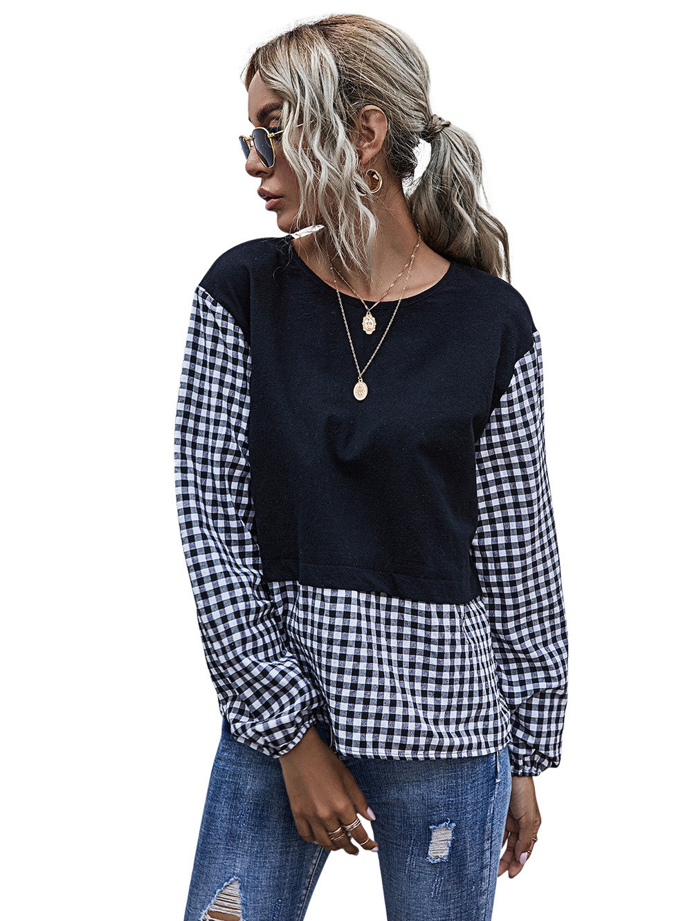 Plaid stitching solid color ladies round neck loose long-sleeved casual pullover  NSDF2823