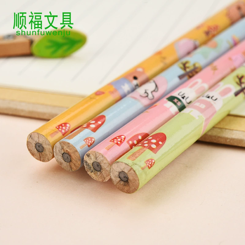 Cartoon HB Round Pencil (shunfuwenju) — HB lead, 4 colors, bulk classroom packs
