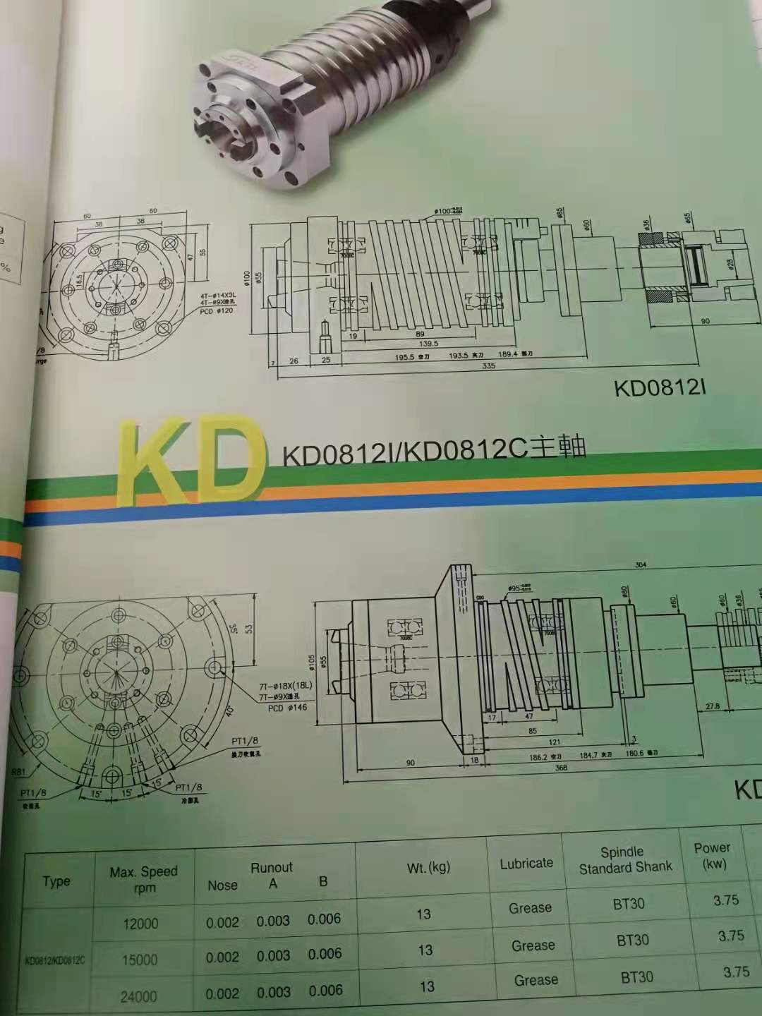 健椿主轴KL1212-8000RPM转速，适用于MV500~MV800立式中心加工机