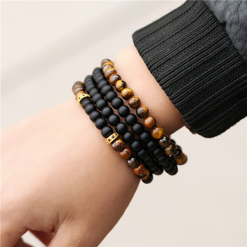 Grenz Überschreiten Der Heißer Verkauf Schmuck 6mm Tigerauge Schwarz Gefrostete Trennwand Bohrring Elastisches Vierteiliges Armband Armband Set Männer display picture 3