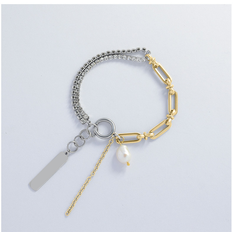 Minimalist Style Cross Chain Flower Pearl Silver Full Diamond Titanium Steel Bracelet Necklace Set For Women display picture 6