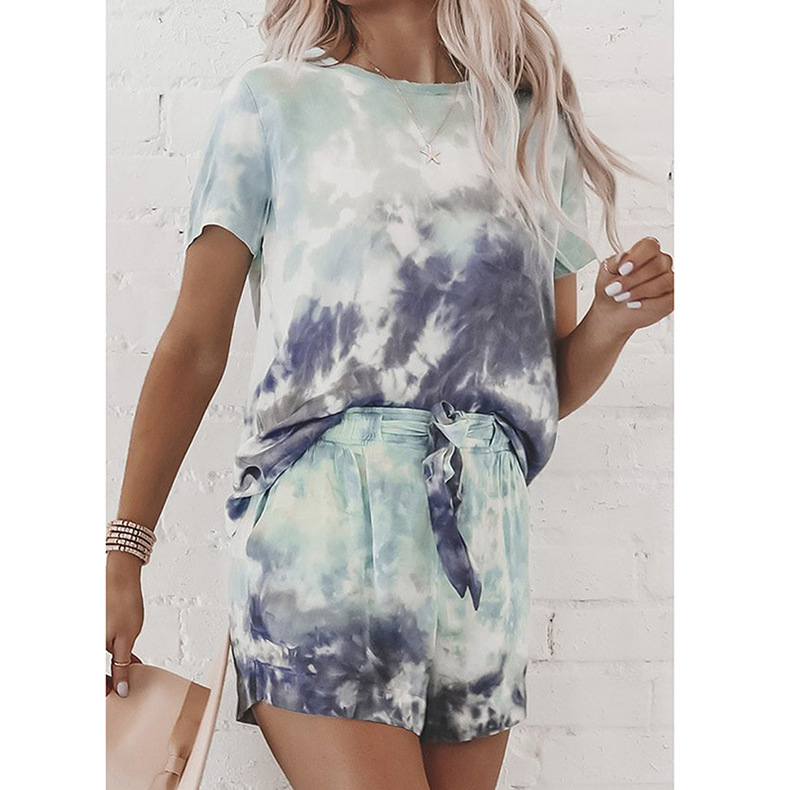 hot style women s home wear two-piece suit tie-dye printed short-sleeved pajamas NSKX6237