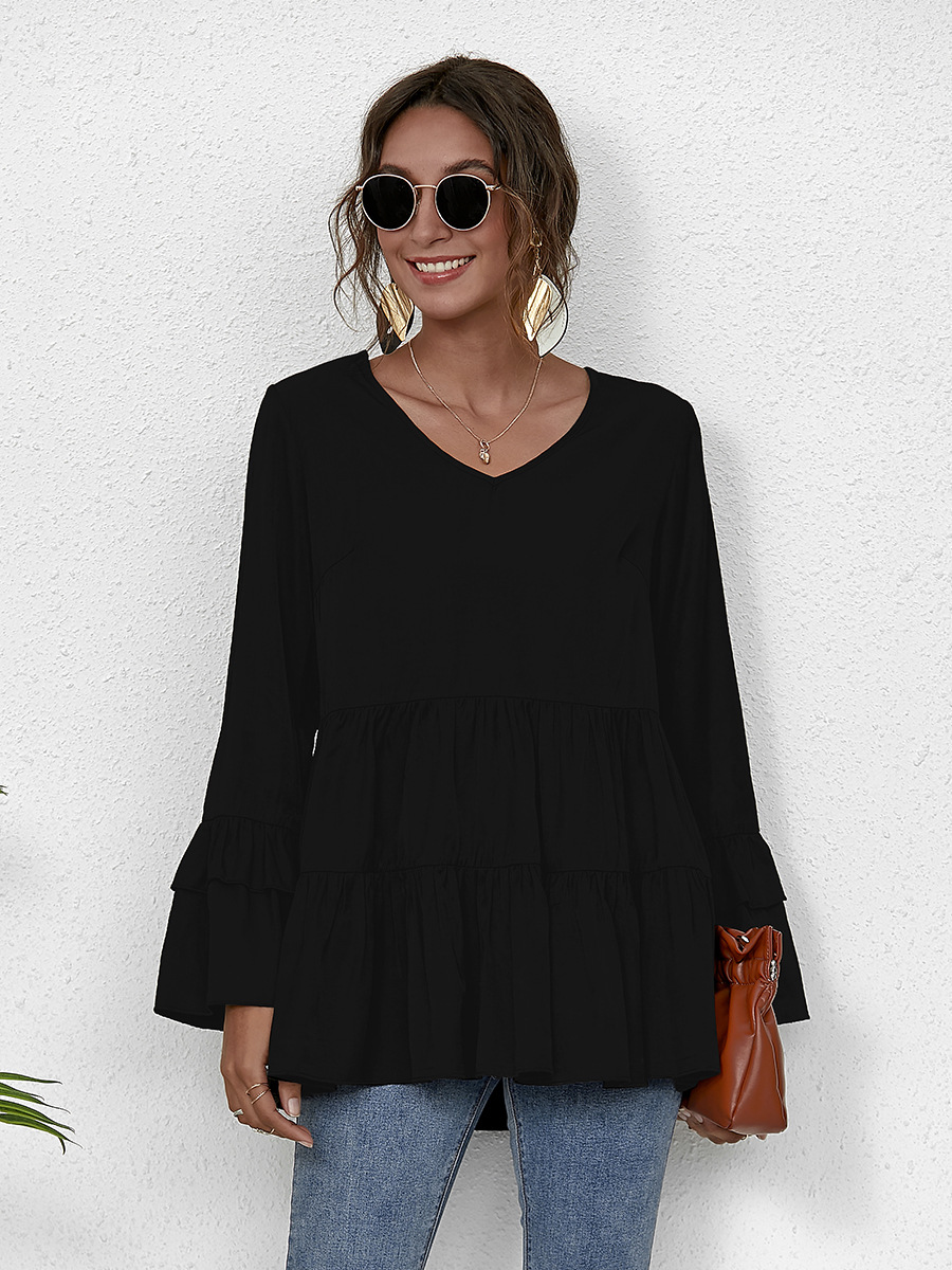 autumn and winter casual loose V-neck slim long-sleeved women s blouse NSAL5400