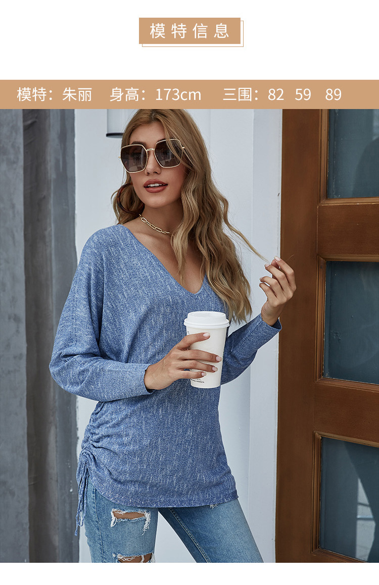 V-neck thin knit sweater women hot style women s drawstring pullover bat sleeve loose knit top NSYH7146