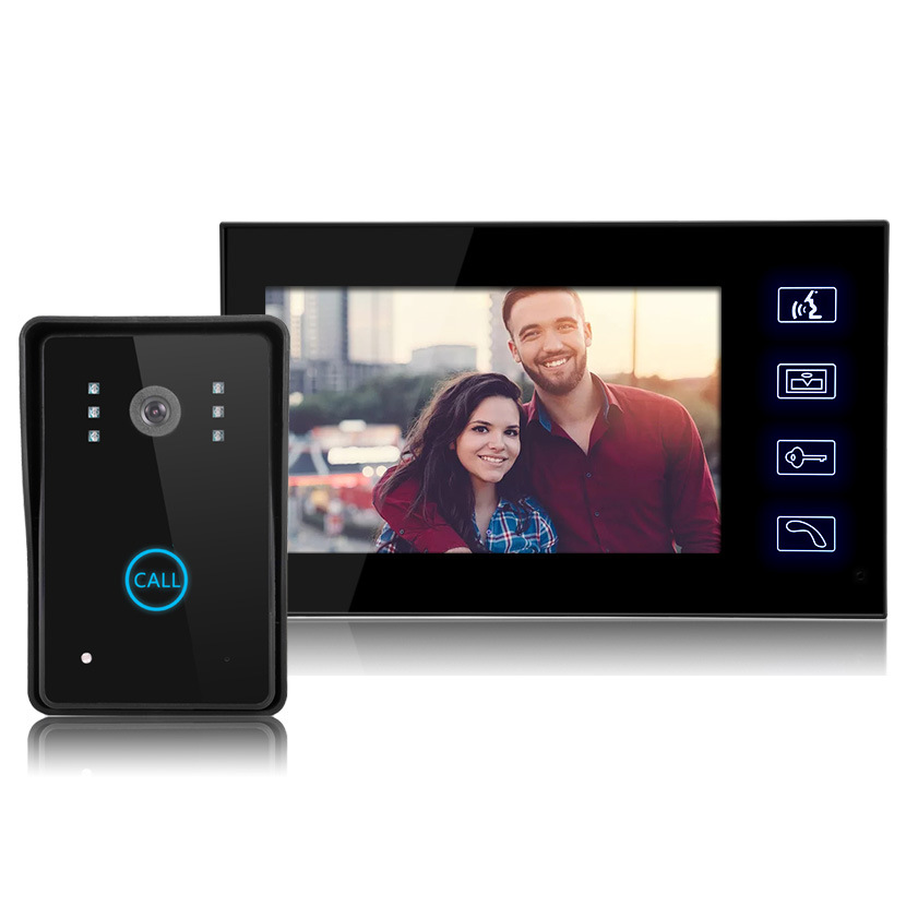 山一视达7寸触摸按键安全防水一键开锁有线黑色批发 可视门铃|ru