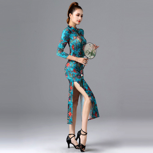 Green floral printed Latin Ballroom dance dresses qipao for women girls restoring ancient classical dance qipao model show stage performance costumes