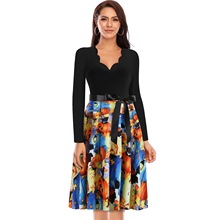 C0594跨境万圣节女装货源波浪V领长袖拼接南瓜鬼脸印花大摆连衣裙