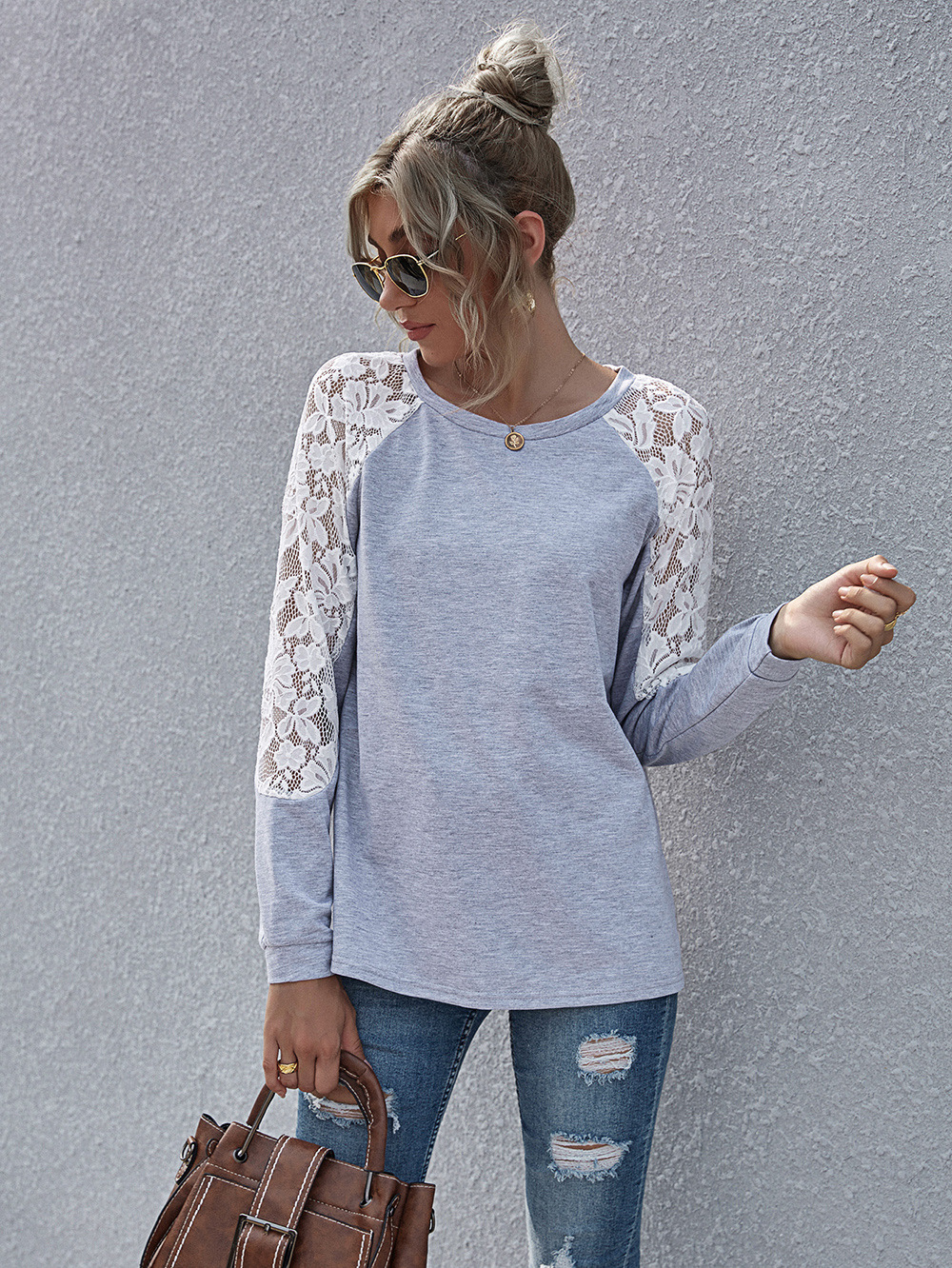 hot new women s stitching round neck casual sweater women autumn and winter lace long-sleeved top NSDF3932