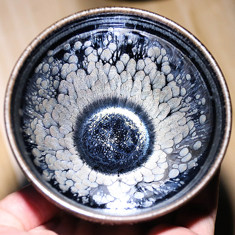 黑牡丹花建盏油滴主人陶瓷茶杯复古茶盏黑底银斑天目主人陶瓷茶杯|ms