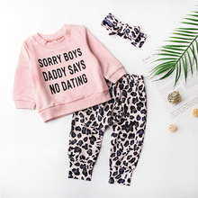 歐美外貿爆款長袖粉色女童套裝三件套 字母衛衣豹紋長褲寶寶套裝