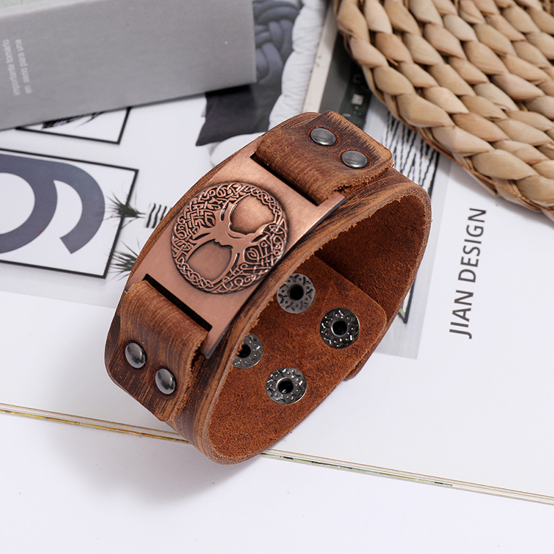 Viking Totem Lucky Tree Leather Retro Woven Punk Menu0027s Wide Leather Bracelet nihaojewelry