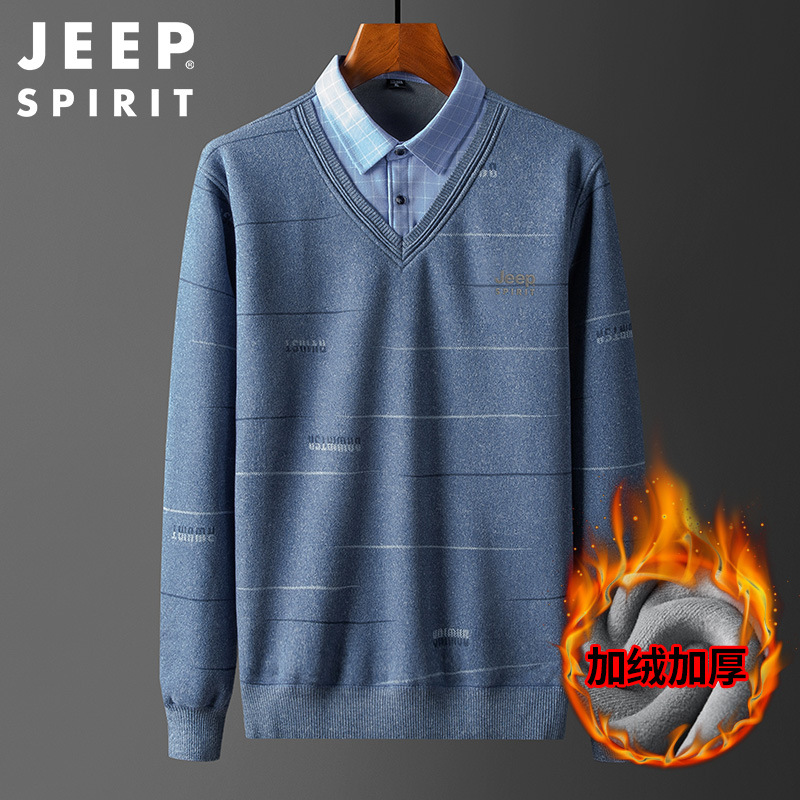 吉普时尚休闲假两件翻领长袖针织毛衣男抓绒毛线衫上衣0037