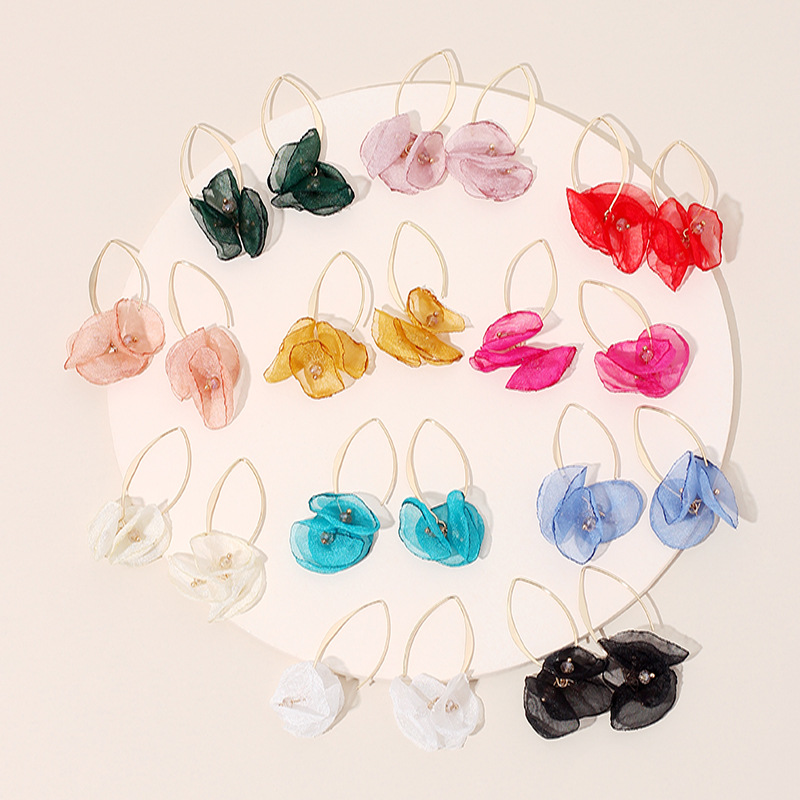 4g Weight Earrings Classification Housewarming, Anniversary, Business, Wedding, Travel, Birthday, Festival Occasion Alloy Material Flower Pattern Women'S Gender Sweet Style Rose Red, White, Beige, Pink, Red, Green, Blue, Yellow, Black Color Korean Summer New Lace Mesh Flower Earrings Color Petal Earrings Wholesale Nihaojewelry 1