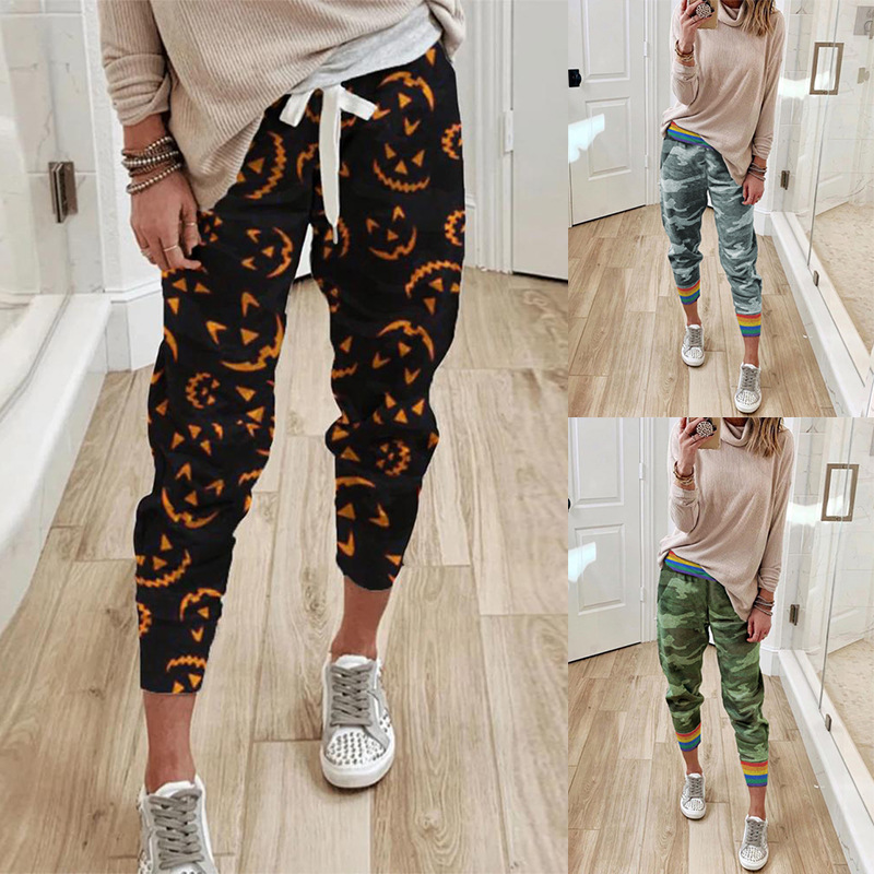 summer new women s loose printed high-waisted rope casual pants NSKX5881