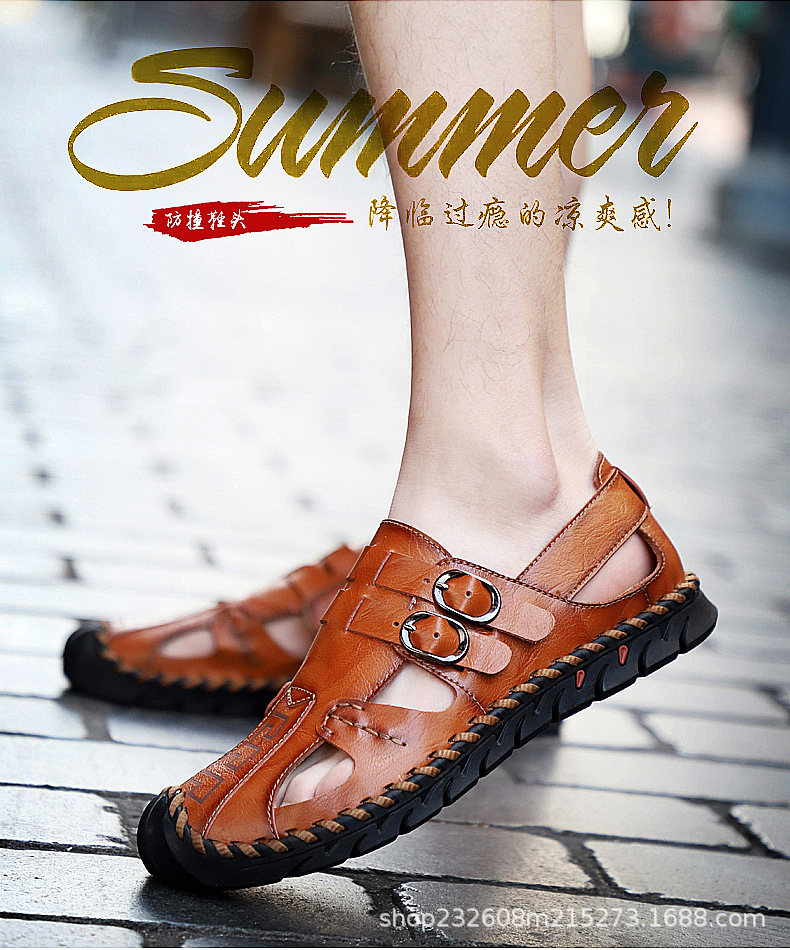 Cross-border large-sized foreign trade men's sandals, men's genuine leather beach shoes, men's sandals, anti-slip soft-soled sports and casual flip-flops details Picture
