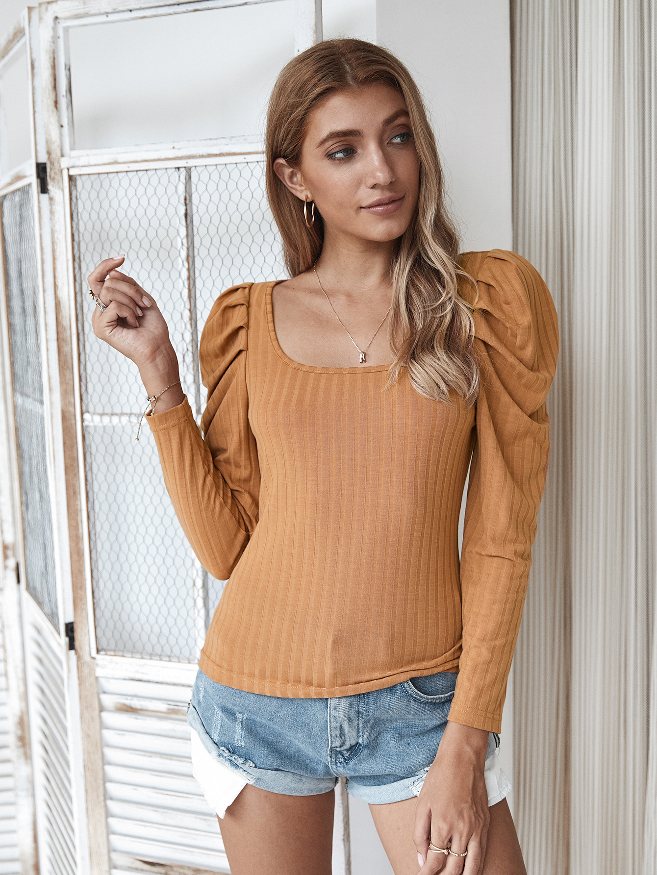 classic square neck long sleeves knitted T-shirt NSDY7670