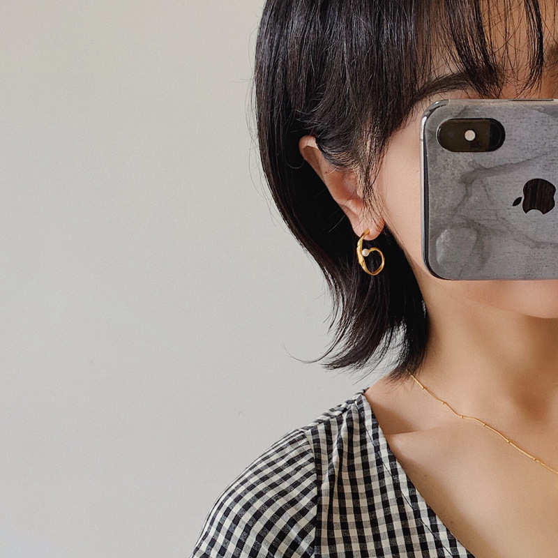 Asymmetrical matte golden earrings handmade pearl