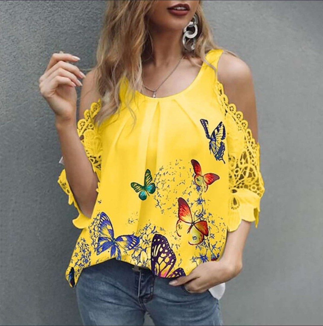 butterfly print off-the-shoulder hollow loose top NSFH130983