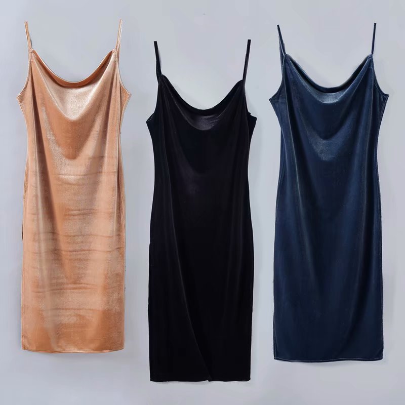 跨境速卖通女 走量款 性感开叉丝绒吊带裙 后露背金丝绒连衣裙