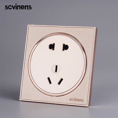 圆形开关面板拉丝金10A五孔插座86型暗装二三极5眼墙壁开关插座