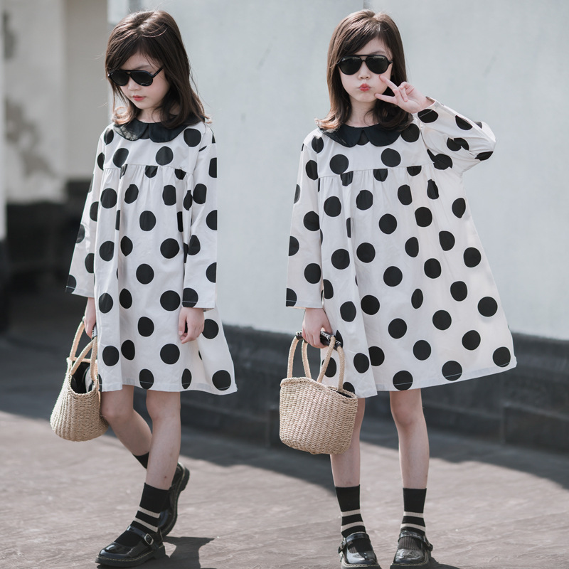 Niñas muñeca collar vestido primavera y otoño puro algodón medio y gran falda de los niños estilo occidental vestido de otoño pequeña niña manga larga princesa vestido