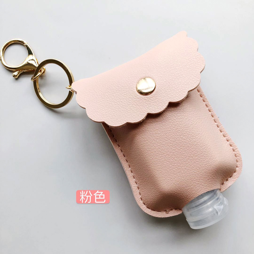 En stock mano desinfectante libre botella de cuero caso estudiante mochila desinfectante llavero colgante de cuero caso 60ml desinfectante de manos botella