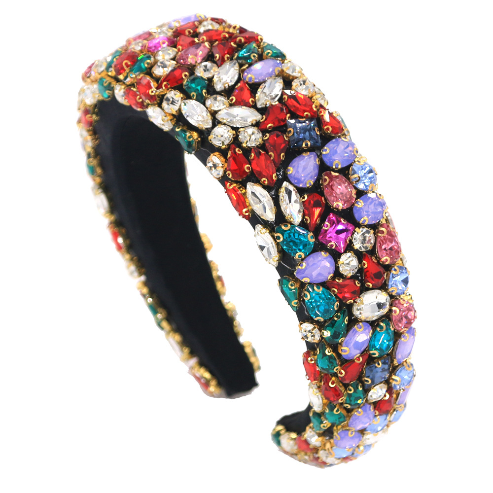 Grenz Überschreiten Der Barock Explosions Stil Geometrisches Breit Krempiges Stirnband Voller Strass Dreifarbiger Haarschmuck Aus Goldenem Samt Rutsch Fester Abschluss Ball Stirnband display picture 6