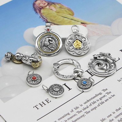 银势 S925纯银复古六字真言转动圆吊牌 男士项链搭配项坠时尚个性|ms