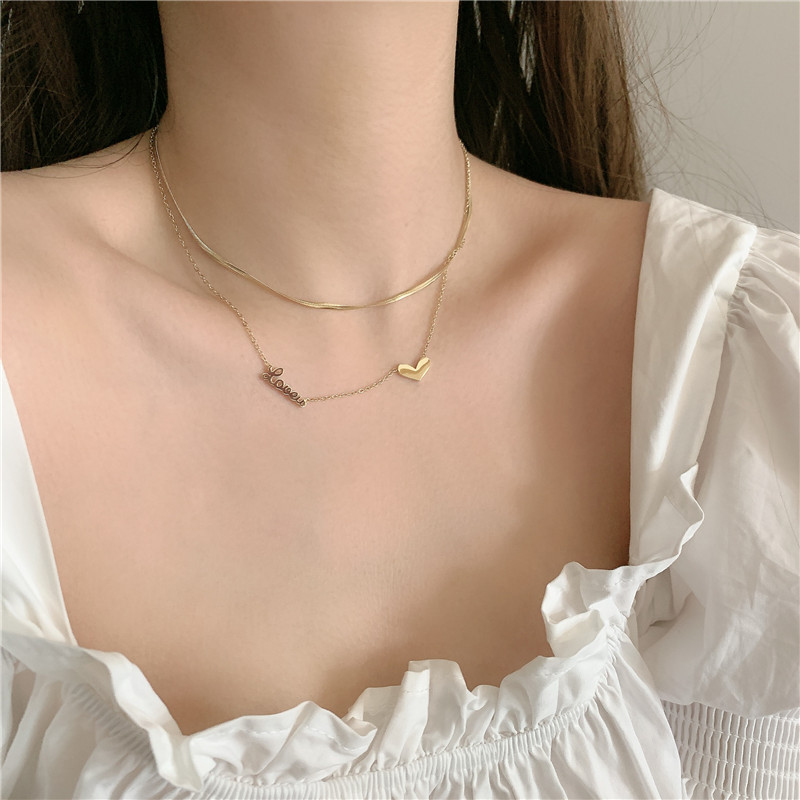 Korean Titanium Steel Gold-plated Double Layered With Love Letters Short Clavicle Chain Necklace Wholesale Nihaojewelry display picture 1