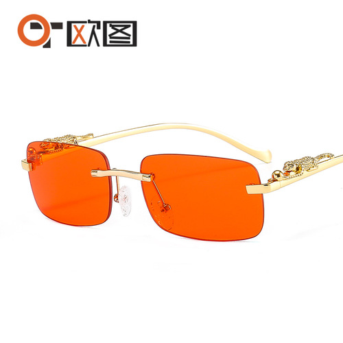 Cheetah Decorated Frameless Square Sunglasses Colored Men's and Women's Retro Leopard Head Metal Sunglasses Cross-Border Wholesale 2572