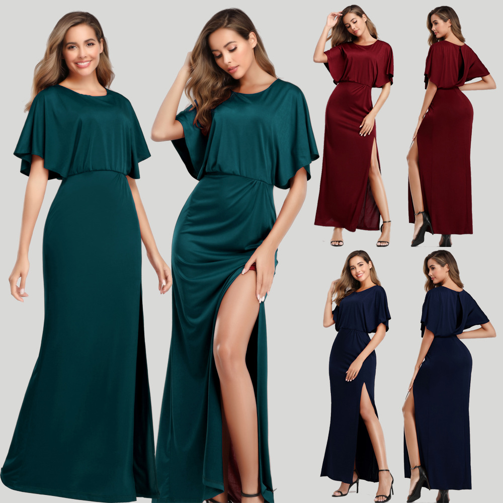 2020 New Spring and Summer Sexy Elegant Dress Knitted Round Neck High Slit Cross-Border Evening Dress for Women