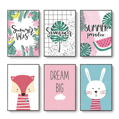 现代简约儿童房卡通装饰画 北欧夏天summer小兔儿童卧室挂画
