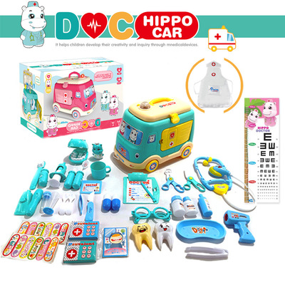 跨境专供河马医生过家家玩具角色扮演救护车套装护士灯光医具箱|ms