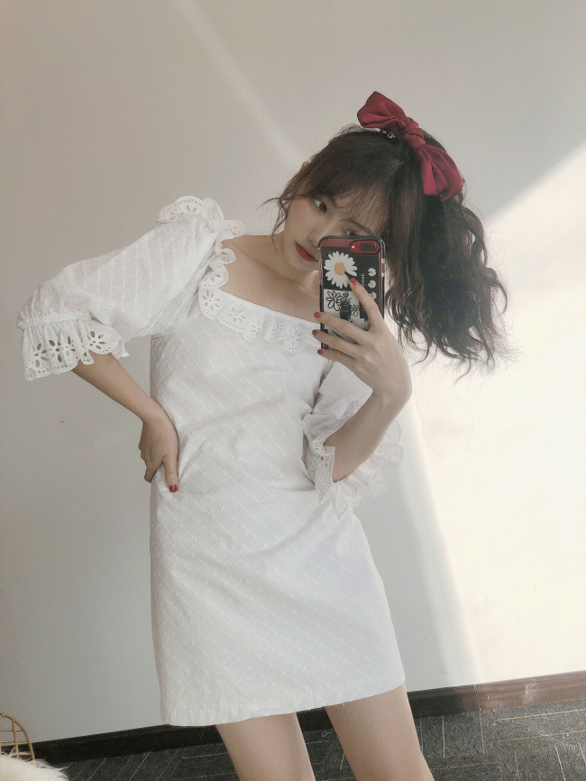 【金丫子】20新款棉布绣花镂空花边初恋小白裙连衣裙20326
