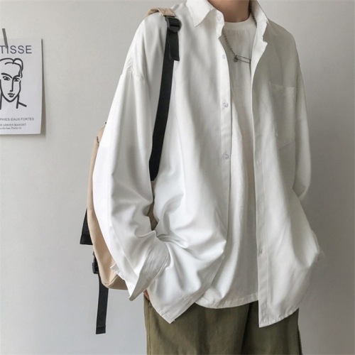 Pure white long-sleeve shirt for men, Korean style trendy loose and versatile stylish top, Hong Kong style temperament casual jacket clothing