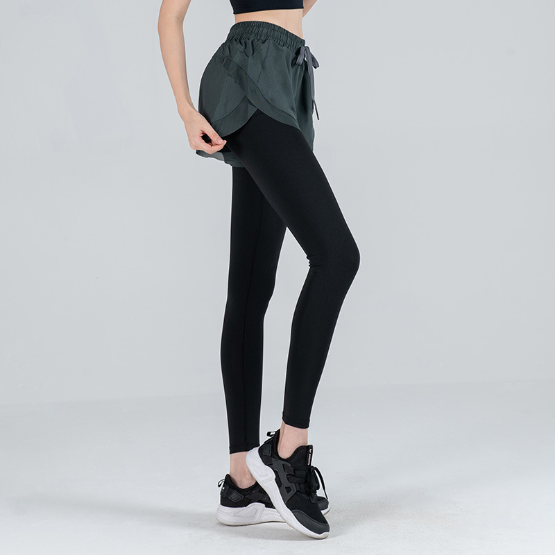 Fake Two-Piece Fitness Pants Women's Stretch Tight Quick-Dry Pocket Sports Skirt Running Outer Wear Elastic Lace-Up Yoga Pants