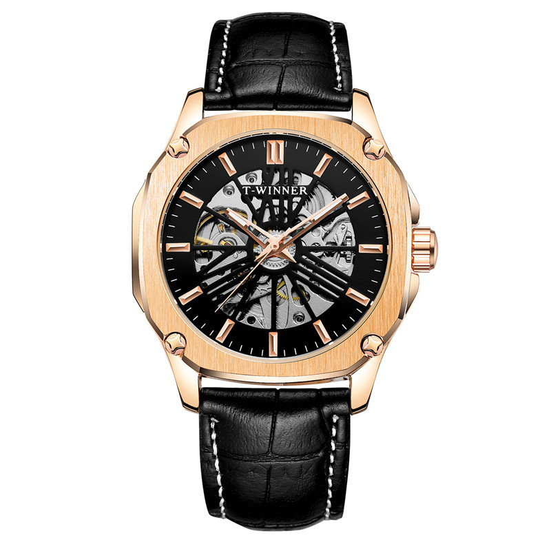 Ganador reloj mecánico automático para hombres moda hueco transparente volante correa de cuero reloj mecánico 8182
