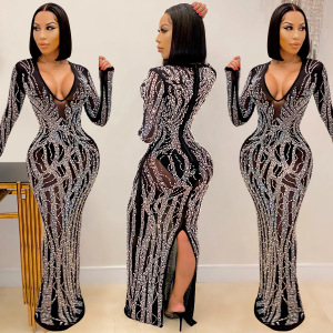 Women jazz dance bling dresses nightclub sexy ironing diamond inlaid perspective gauze shiny women dress long skirt